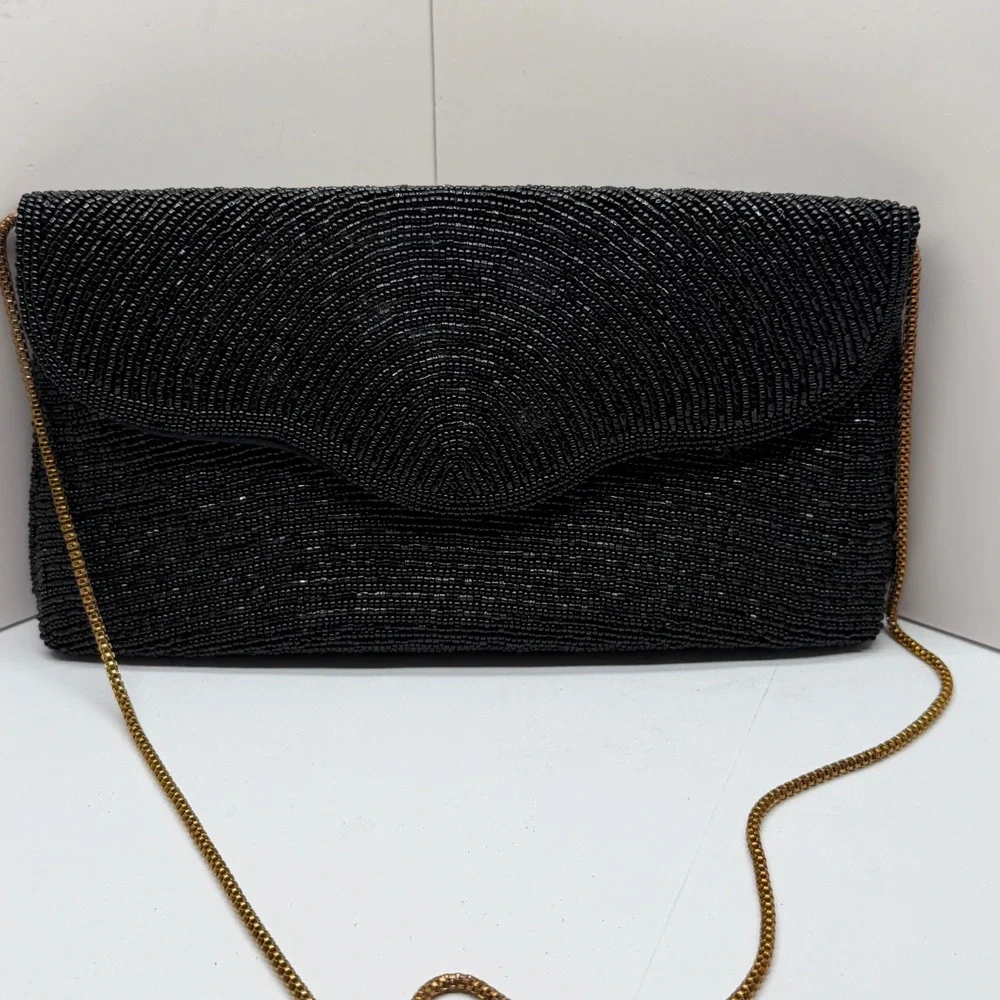 Walborg Vintage Black Beaded Clutch Evening Bag Gold Chain Strap Formal Purse‎